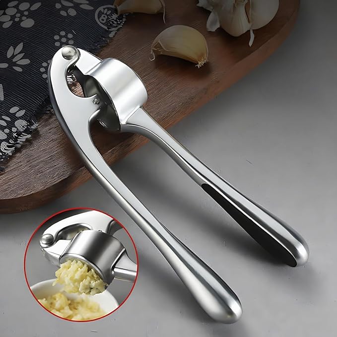 Garlic Press Set - Professional Stainless Steel Garlic Mincer with Silicone Peeler and Cleaning Brush, Rustproof Dishwasher Safe Kitchen Tool