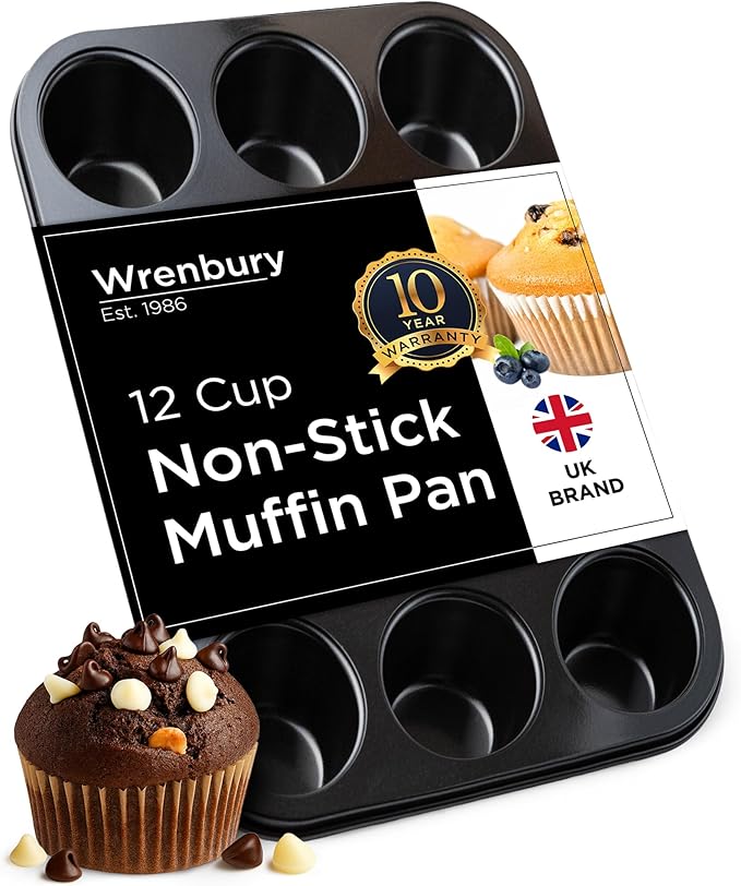 Wrenbury Non Stick Muffin Pan for Baking 12 Cup - Non Toxic Deep Cupcake and Yorkshire Pudding Tin - Even Bakes, Easy Clean, Warp Resistant - 3" Cup