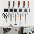 YIIYIIN 17 Inch Magnetic Knife Holder for Wall No Drill,Adhesive Knife Magnetic Strip with 12 Hooks,Kitchen Double Rods Stainless Steel Magnetic Utensil Holder(Black)