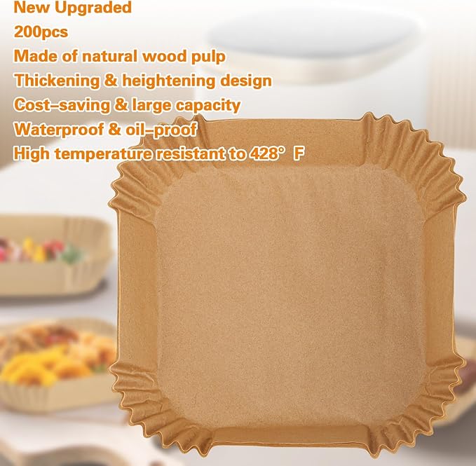 200Pcs Air Fryer Paper Liners, 8 Inch Square Disposable Paper Liner, Non-stick Parchment Paper for Frying Baking Roasting Microwave Oven