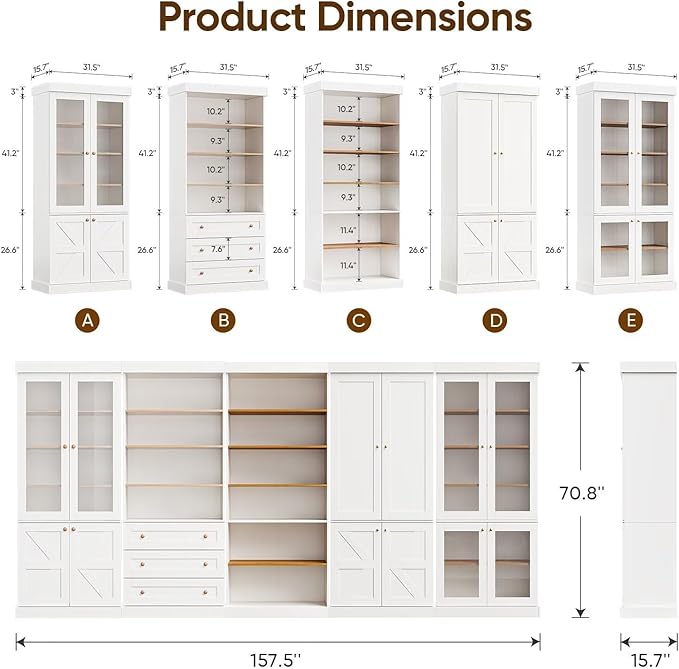70.8" Tall Farmhouse Kitchen Pantry Cabinet with Glass Doors, Modular Wooden Storage Cabinet with 6-Tier Adjustable Shelves, Hutch for Kitchen or Living Room, White, Set of 2