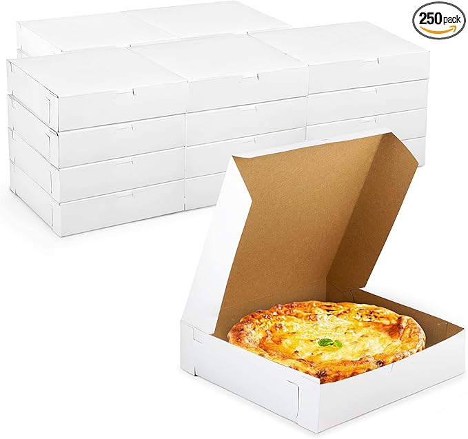 Fit Meal Prep [250 Pack] White Pie Boxes - 10x10x2.5 Inch Square Bakery Boxes for Cookies, Cheesecake, Chocolate Covered Strawberries, Dessert, Macaroon, Bread - Bulk Paper Cardboard Boxes
