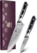 KYOKU Knife Set, 2pc Japanese Kitchen Knife Set for Cooking, 8" Chef 3.6" Paring Knife with Sheath Gift Box, Professional Sharp Damascus Stainless Steel Knives for Meat Vegetable Fruit