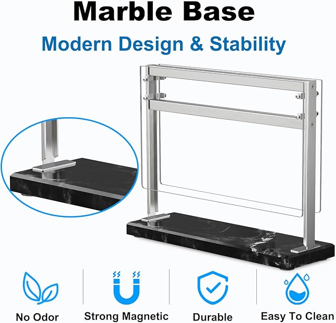 Acrylic Shield Magnetic Knife Block Holder - Marble Base Magnetic Knife Stand for Counter Top -Double Sided Magnetic Knife Holder -Stainless Steel Kitchen Knife Block without Knives -Black