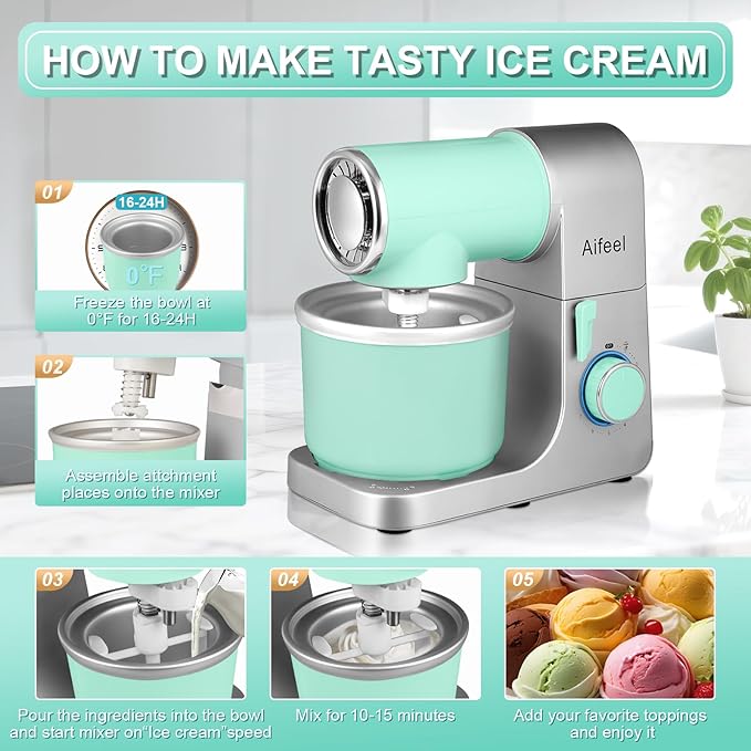 Aifeel Stand Mixer, 6.5QT Mixer with Ice Cream Maker Attachments, Kitchen Electric Mixer Multifunctional Bread Dough Mixer with Dough Hook,Whisk & Beater, Food Mixer for Baking (Green-Silver)