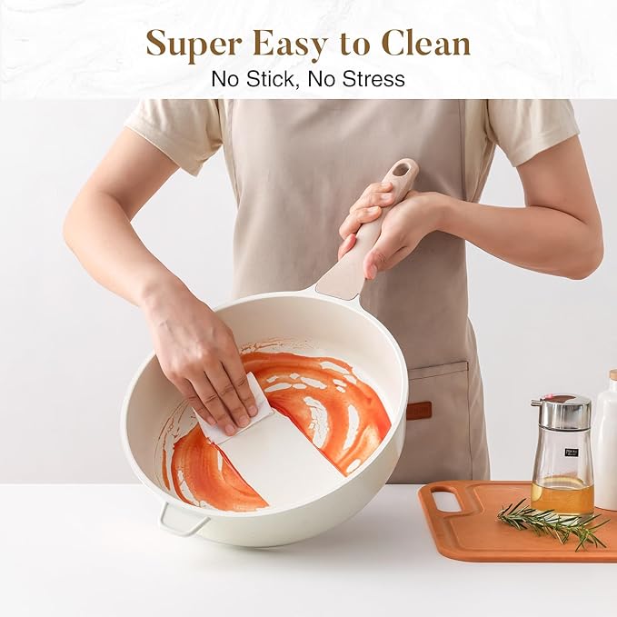 Kordisen Nonstick Ceramic Deep Frying Pan, 11 Inch Non Toxic Skillet with Lid, Healthy Jumbo Cooker, Saute Pan for Cooking, Induction Cookware, PFOA & PFAS Free (Cream)