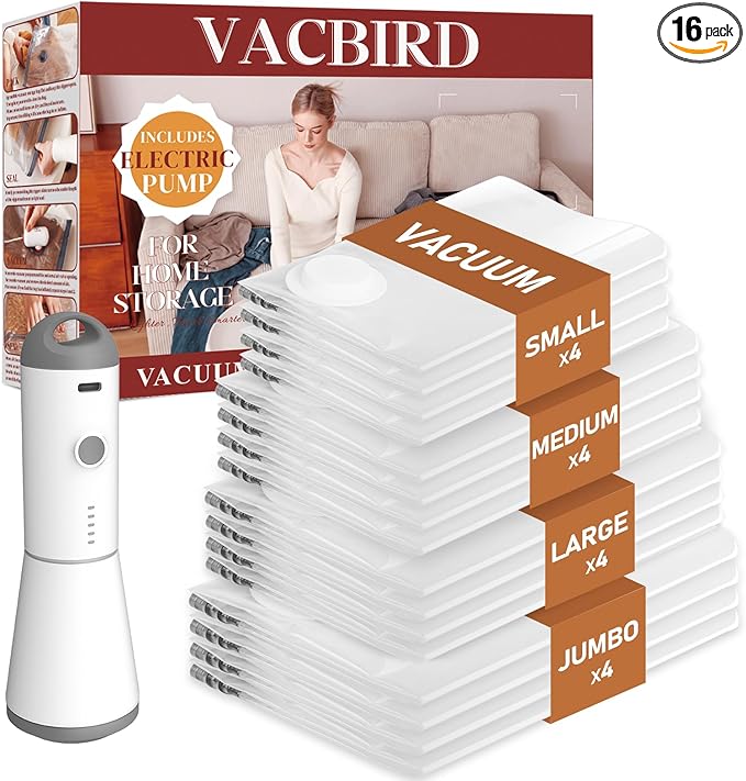 Vacuum Seal Bags for Clothing, 16 Pack Vacuum Storage Bags with Rechargeable Cordless Air Pump(4J+4L+4M+4S), Space Saver Bags for Clothes Blanket Duvets Pillows Comforters Travel