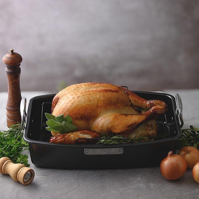 HAPPIELS 17 x 13 inch Roasting Pan with Rack, 20-25 lb Large Turkey Roasting Pan for Oven Non Stick, Turkey Roaster Pan with Rack, Roasting Pans, Turkey Pan, Deep Roast Pan, Prime Rib Roaster