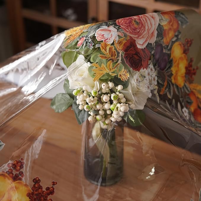 Clear Table Cover Protector Vinyl PVC Rectangle Table Cloth with Floral Fruit Pattern Oil Spill Proof Plastic Tablecloths for Dining Tables Parties Holidays (Floral Fruit, 55 x 120 Inches)