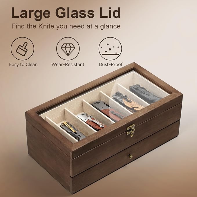 Knife Display Case, 2-Layer Pocket Knife Case Display & Storage Knives, Solid Wood Knife Case for Collections, Gift for Boyfriend Fathers Day Birthday Gifts((Walnut)