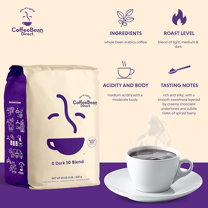 Coffee Bean Direct 0 Dark 30 Blend, Whole Bean Coffee, Rich Flavor, Mixed Roast Level, 5 Pound Bag (Pack of 1)