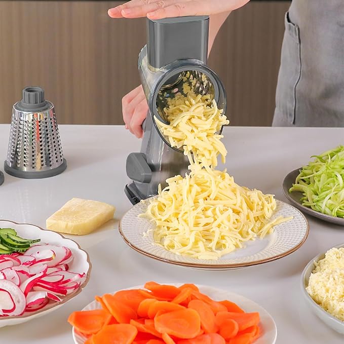 Cheese Grater,Rotary Cheese Grater with Handle, Multifunctional Rotary Cheese Shredder Effortlessly Grates Cheese, Vegetables, and Fruits (Gray)