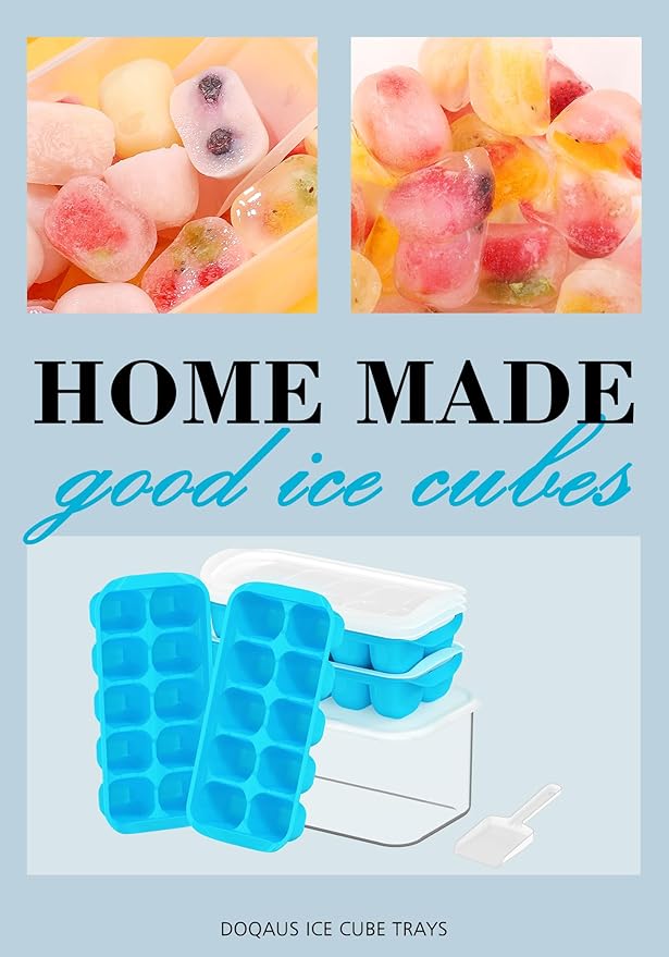 DOQAUS Ice Cube Tray with Lid and Bin, 4 Pack Easy Pop Out Silicone Ices Cubes Trays for Freezer with Cover, Stackable Compact Ice Bucket Kits, for Soup, Food, Cocktail, Coffee