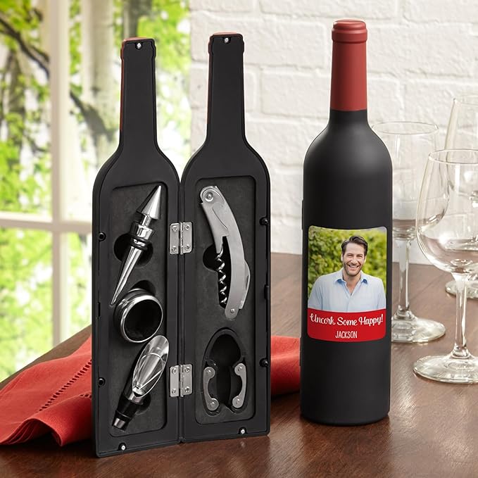 Let's Make Memories Personalized Photo 5-Piece Wine Tool Set - Wine Bottle Opener - Pink