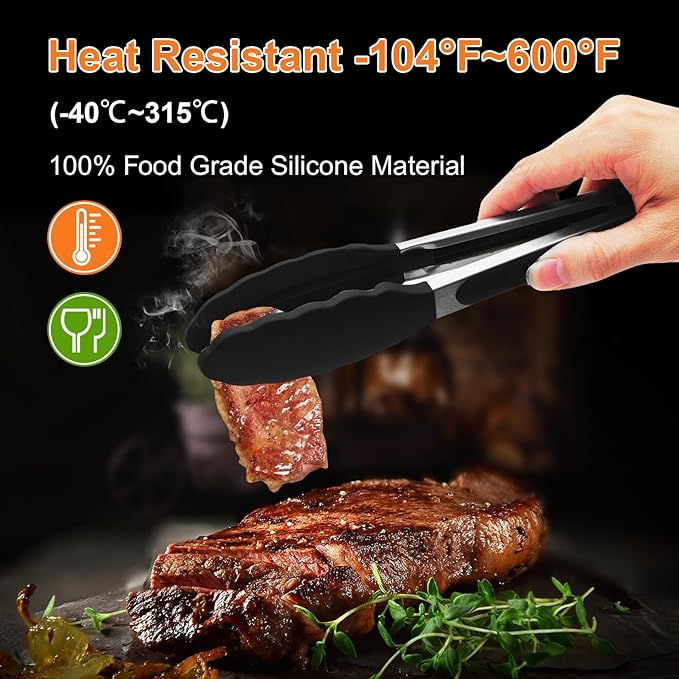 Premium Stainless Steel Heat Resistant Kitchen Tongs for cooking,set of 7"+9"+12" (Black),Non Scratch Silicone cooking Tong Tip for Cooking Pans,Strong Grip BBQ tongs for Grabbing Hot Food