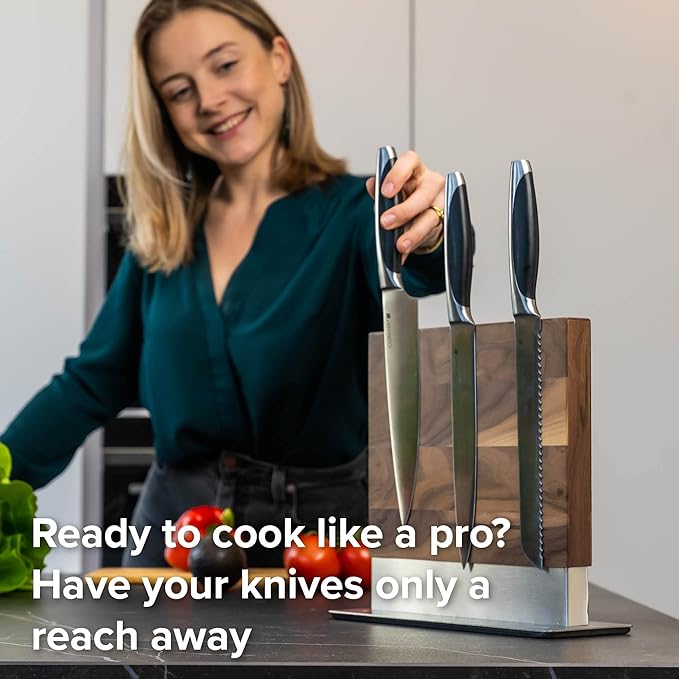 Coninx Magnetic Knife Holder with display stand, Double Sided Strong Magnetic Knife block for Kitchen counter top, Universal empty storage Organizer Block (Walnut Wood)