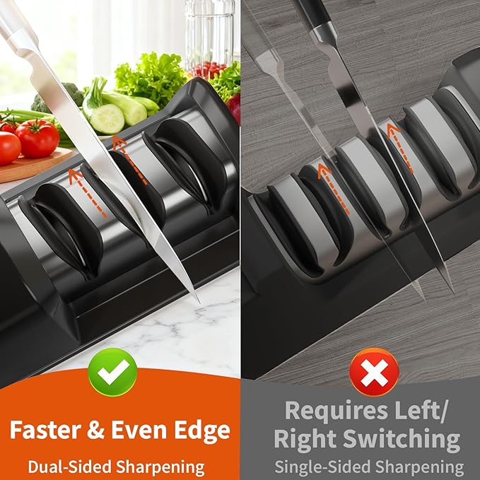 Electric Knife Sharpener, 3-Stage with 100% Diamond Abrasives, Dual-Sided Fast Sharpening, Low Noise & Auto Temperature Control, for Kitchen Straight, Serrated & Ceramic Knives