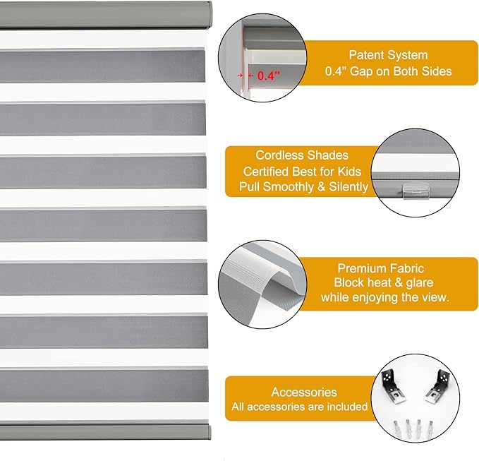 Persilux Cordless Zebra Blinds for Windows Free-Stop Roller Windows Shades (36" W X 47" H, Grey) Dual Layer Light Control for Day and Night, Light Filtering Sheer Shades for Home