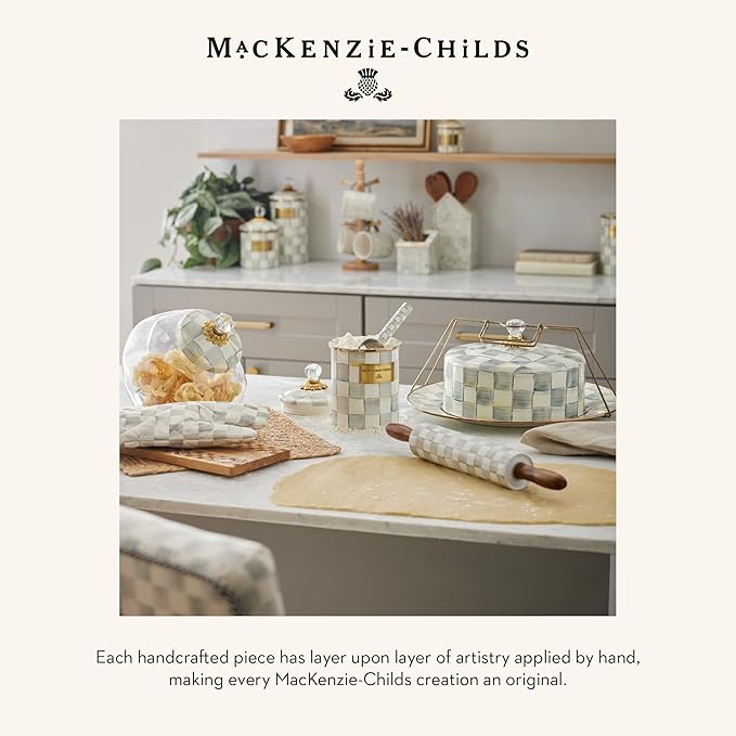 MACKENZIE-CHILDS Cookie Jar with Enamel Lid, Large Glass Treat Jar or Kitchen Jar, 1-Gallon Capacity, Gray-and-White Sterling Check