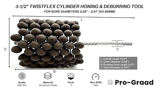TwistFlex Cylinder Hone | 3-1/2" 320AO for Brake Cylinders, Valve Guides, Hydraulics, 3.5" Diameter for Hole Diameters 3.26"- 3.51" | Aluminum Oxide 320 Grit | 0.315" Shank | 13.5" Length