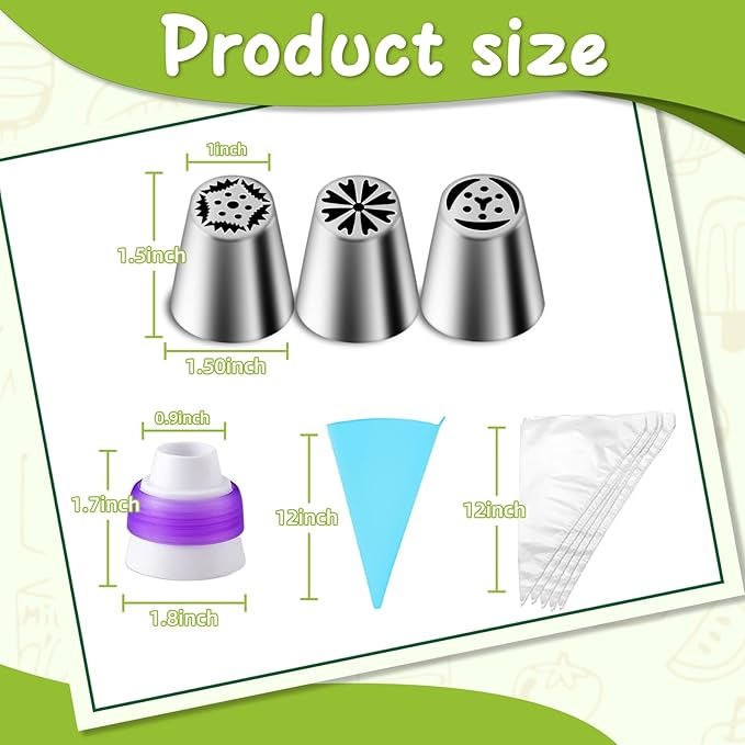 Suuker 27 Pieces Russian Piping Tips Set, Cake Decorating Tips Baking Supplies for Cupcake Cookies Birthday Party (12 Icing Tips 10 Pastry Baking Bags 2 Leaf Piping Tips 2 Couplers 1 Silicone Bag)