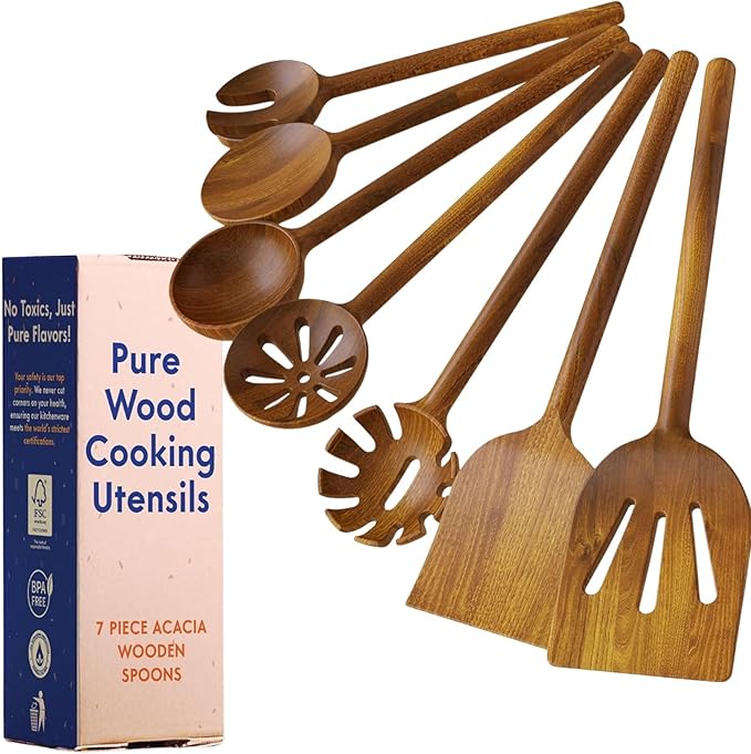 Non-Toxic Wooden Spoons for Cooking– 7-Piece Kitchen Utensils Set, Glue-Free & One-Piece Cooking Utensils, Natural Wooden Utensil Set with Plant-Based Finish, Free of Forever Chemicals