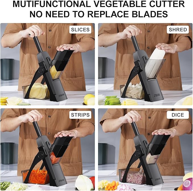 Safe Mandoline Slicer for Kitchen, Meal Prep,Potato Slicer, Adjustable/Easy to Clean/Storage, Kitchen Chopping Artifact,French Fry Cutter,Paring Knife/Cleaning Brush (only Slice, Black Knight)