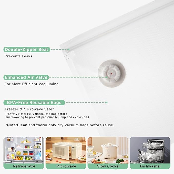 Compact Vacuum Sealer for Food (Vacuum Sealer Machine + 30 Reusable Vacuum Bags), Powerful Handheld Vacuum Sealer Machine, Seal Food 6X Fresh Longer, Portable & Wireless, Easy-Clean