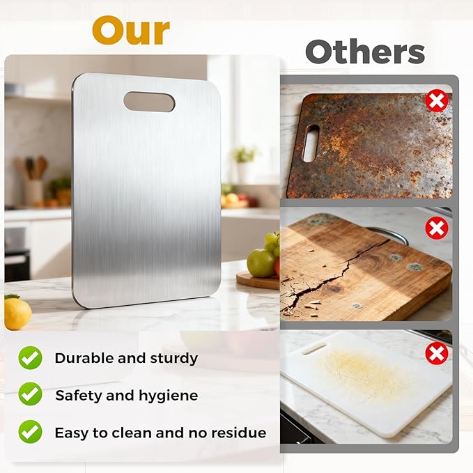 Tavano Titanium Cutting Board,100% Pure Titanium Cutting Boards for Kitchen,Double-side Available Cutting Board for Vegetables,Meat,Fruits,Easy to Store and Clean(L)