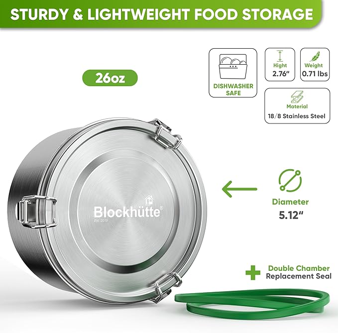 Blockhütte Stainless Steel Food Containers 26oz Leakproof, Metal Food Containers with Lids Dishwasher Safe, Stainless Steel Lunch Container for Kids Plastic Free, Metal Bento Box for Adults