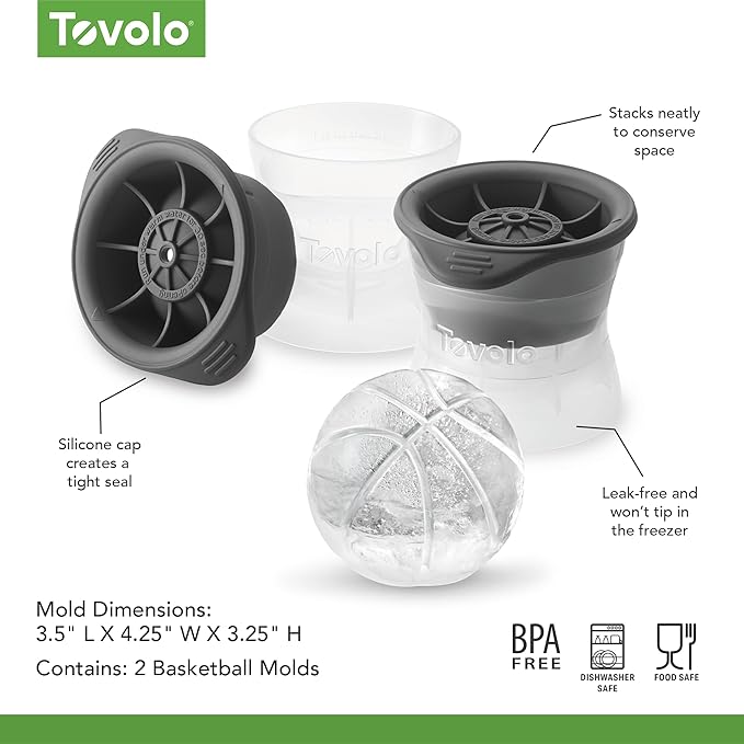 Tovolo Basketball Ice Cube Molds Pack of 2 Large Craft Ice Spheres for Whiskey Bourbon Cocktails Drinks, Dishwasher Safe BPA Free Silicone Basketball Ice Ball Mold GIfts for Men, Fathers, Coaches