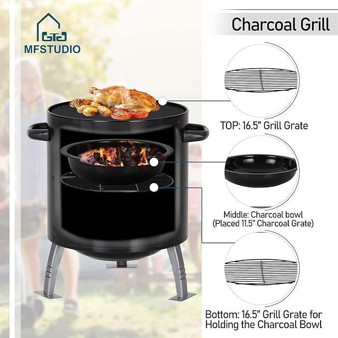 MFSTUDIO 17" Vertical Charcoal Smoker with Thermometer, Integrated Metal Grill Chamber Less Smoke Leak & Heat Loss,Black