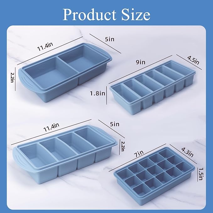 Silicone Freezer Molds Gift Set with 2 Tbsp, 1/2, 1, and 2 Cup Silicone Freezer Trays With Lids - Meal Prep and Kitchen Essentials Bundle (Blue 8 Pack)
