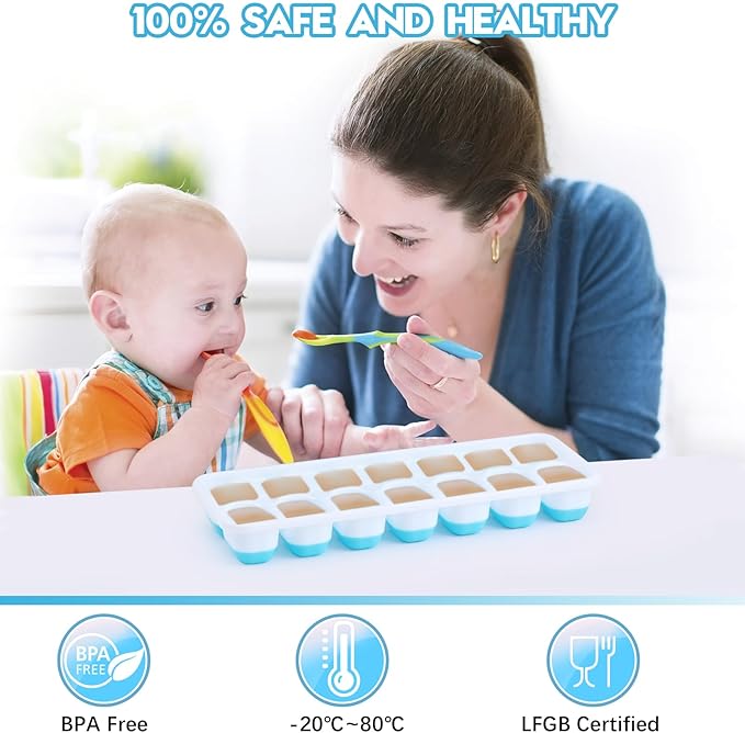 Silicone Ice Cube Tray, Jrisbo 4 Pack Easy-Release & Flexible 14-Ice Cube Trays with Spill-Resistant Removable Lid, Stackable Ice Trays with Covers for Freezer, Cocktail (Blue)