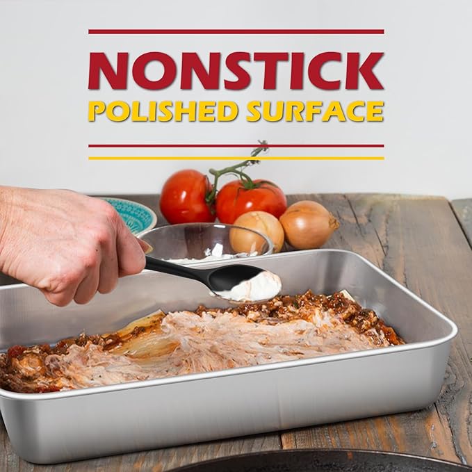 Leonyo Lasagna Pan with Lid, 10.5 x 8 x 2 Inch Rectangular Cake Pan with Lid, Stainless Steel Baking Sheet Brownies Casseroles Deep Tray for Toaster Oven, Focaccia, Fish, Chicken