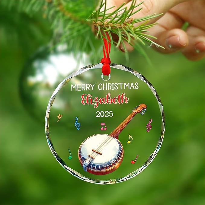 Personalized Text & Name Musical Instrument Glass Ornament, Banjo Christmas Ornament Gifts for Instrumentalist, Custom Banjo Players Keepsake Xmas Tree Decor, Banjoist Glass Ornaments Christmas 2025