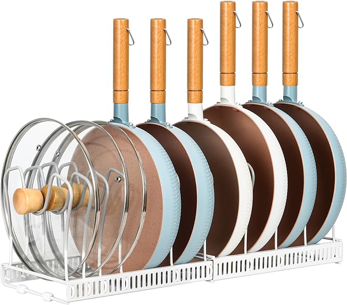 ROOHUA Pot Rack Organizer -Expandable Pot and Pan Organizer for Cabinet,Pot Lid Organizer Holder with 10 Adjustable Compartment for Kitchen Cabinet Cookware Baking Frying Rack