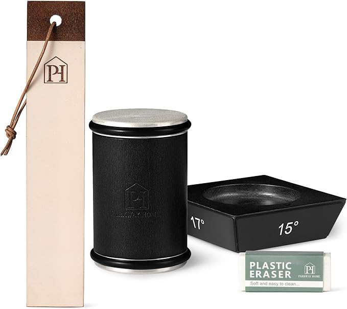 Black Roller Sharpener for Knives with Leather Strop - Knife Sharpener Kit with 15, 17, 20 & 22 Degree Angles - Roller Knife Sharpening System Stand, Holder & Eraser