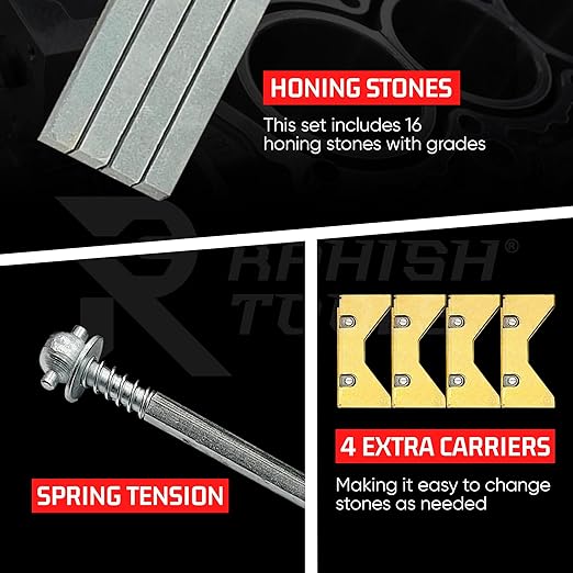 Engine Cylinder Hone Kit 3.5" to 6.5" with 4 Extra Carriers Adjustable Handheld Honing Machine Tool Kit with 16 Stones Sizes 4" x1/2" x1/2" - Works for Mid-Size to Larger Car Engines