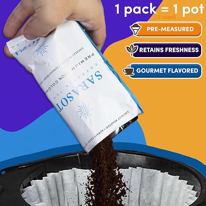 Sarasota Coffee Packs Bulk Ground Packets | Medium, Colombian, & Dark Roast Variety | Gourmet Assorted Sampler | Low Acid Mold Free Individual Pouches for 12 Cup Coffee Maker | 1.75 Oz Bags, 100 Count