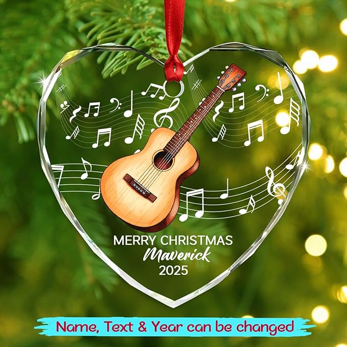 Personalized Guitar Glass Christmas Ornament 2025, Customized Text Year Name Keepsake Ornaments Gift for Guitarist Brother Sister Dad Mom Kids, Unique Guitar Musical Instrument Glass Xmas Ornament