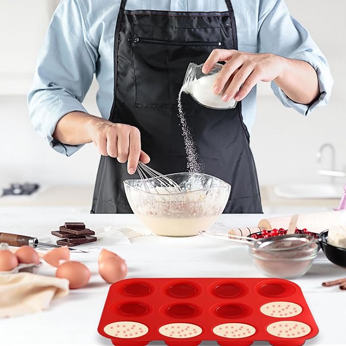 12 Cups Silicone Muffin Pan, Nonstick Cupcake Pan, Heat Resistant Silicone Muffin Tin, Reusable Cupcake Moulds Baking Pan for Cakes, Bread (Red-2 Packs)