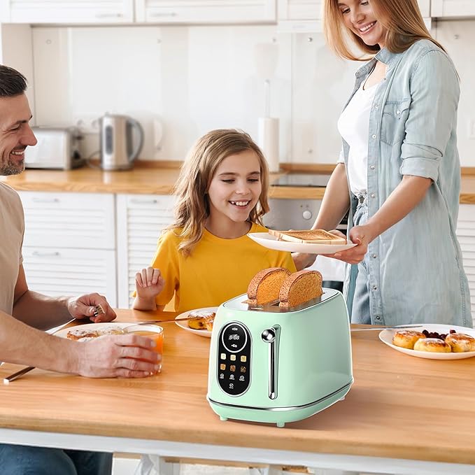 Keenstone Smart Touch Screen Toaster 2 Slice, Retro Wide Slot Stainless Steel Toaster with 6 Browning Levels, Reheat & Defrost, for Bagel, Toast, Bread, Removable Crumb Tray, Green