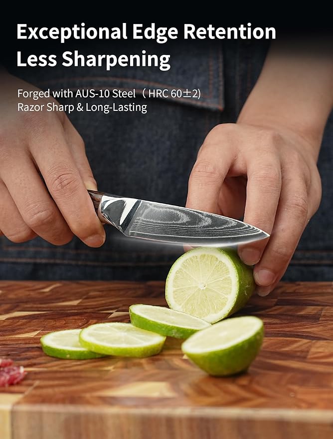 Damascus Paring Knife - Collectible 3.5 Inch Utility Knife with Pakkawood Handle, Japanese High Carbon Steel Blade, Small Fruit & Vegetable Knives for Kitchen, Outdoor, Camping, or Gift Use