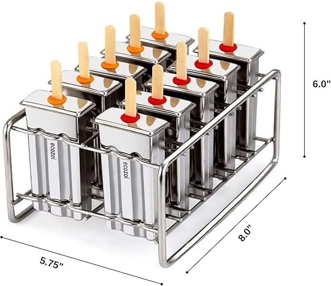 ecozoi Stainless Steel Popsicle Molds and Rack - 10 Square Ice Pop Makers + 50 Reusable Bamboo Sticks + 20 Silicone Seals + 1 Cleaning Brush + 1 Rack