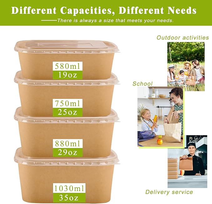 MINCOCO 50 Count Paper Bowls Disposable Meal Prep Containers with Lids【Includes 50 Wooden Forks + 100 Labels】 Salad Food Containers Freezer & Microwave Safe Leakproof Soup Bowls (29 Ounce, 50-Count)