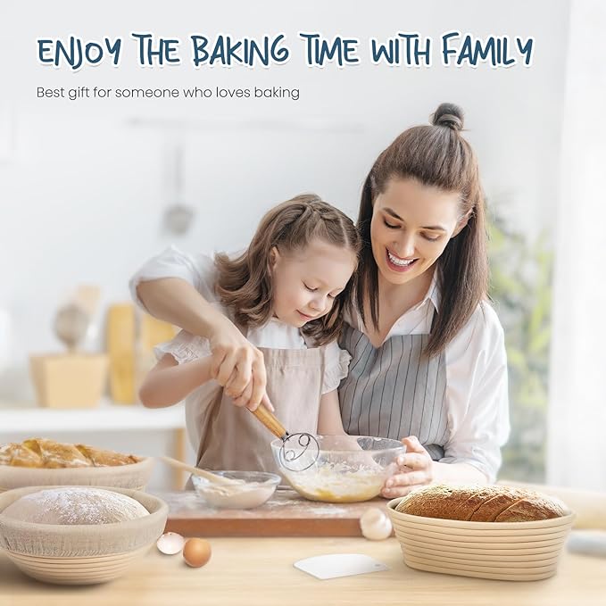 Rorecay Banneton Bread Proofing Baskets Set of 2, 10 Inch Oval Cane Sourdough Bread Rising Basket Bowls with Sourdough Bread Lame Dough Scraper Basting Brush for Sour Dough Proofing Fermentation