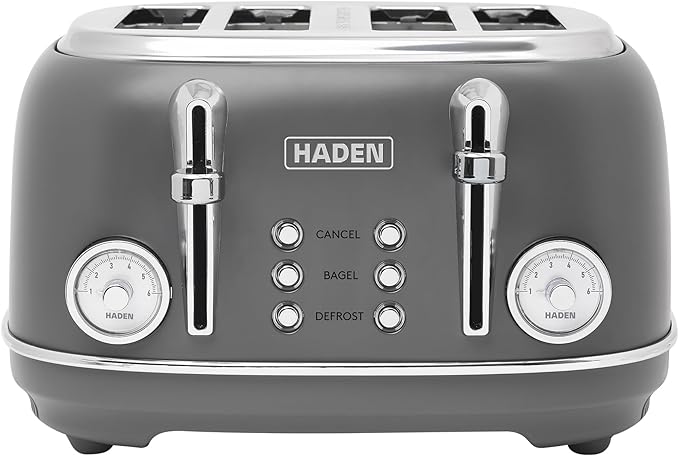 Haden Chelsea 4 Slice Wide Slot Toaster with Adjustable Browning Control, Grey & Chrome