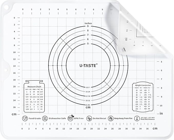U-Taste Liquid Silicone Pastry Mat: 16"x20" Food-Grade Non-Stick Dough Rolling Baking Sheet, Non Slip for Kneading Prep Pizza, Fondant, Pie Crust with Clear Measurement and Raised Edges (Transparent)