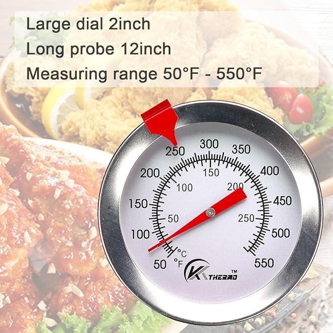 KT THERMO Candy/Deep Fry Thermometer with Instant Read,Dial Thermometer,12" Stainless Steel Stem Meat Cooking Thermometer,Best for Turkey,BBQ,Grill,Analog display